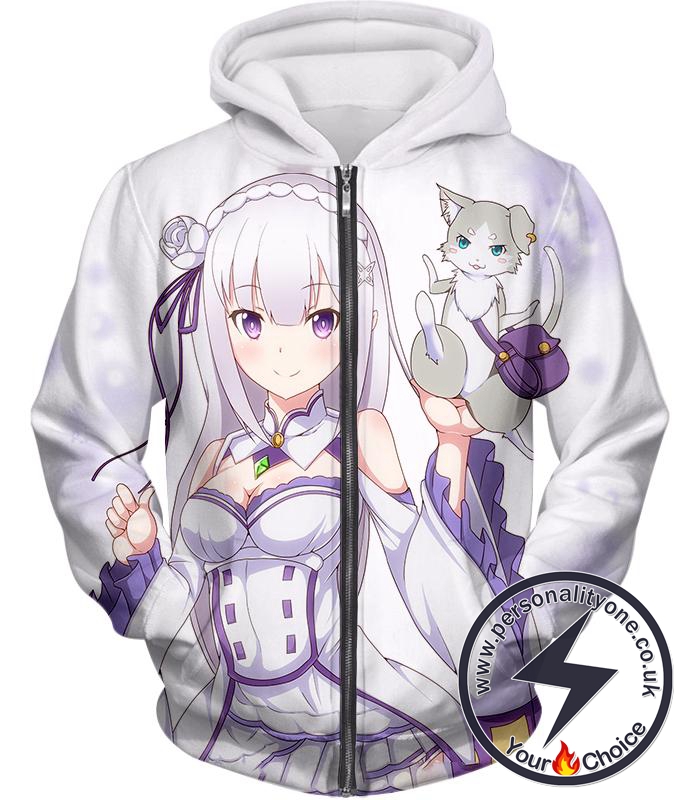 Re:Zero Princess Emilia and Familiar Puck White Zip Up Hoodie